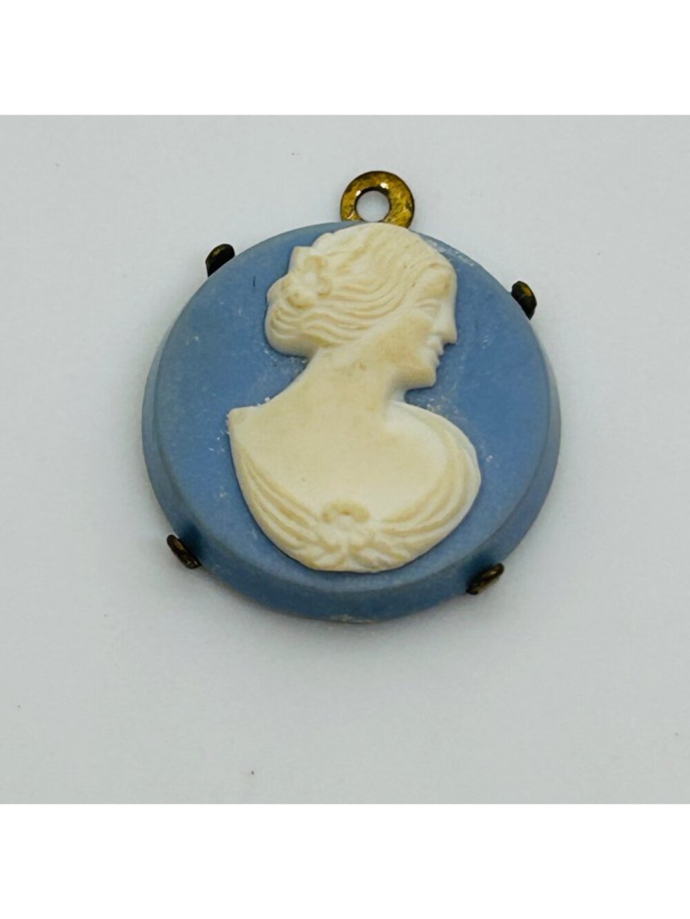 Cameo Pendant Blue and Cream Woman Profile Round Resin Vintage